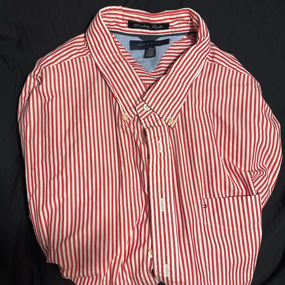 Tommy Hilfiger Red and White Striped Casual Button Down Shirt